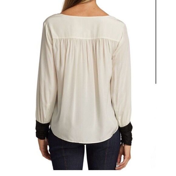 Cinq à Sept Francis Silk Blouse Faux Leathers Cuff Button Front Ivory/Black - Picture 6 of 16